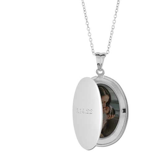 Special Date Locket Necklace, Silver, Oval, Engraved Front, Gray