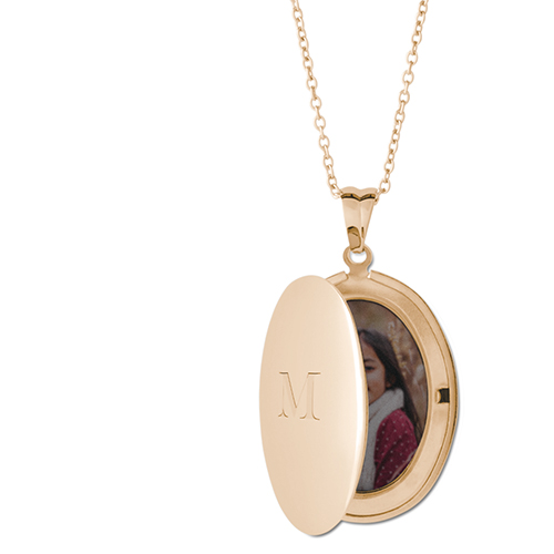 Center Initial Locket Necklace, Gold, Oval, Engraved Front, Gray