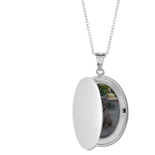Photo Gallery Locket Necklace, Silver, Oval, Engraved Front, Gray