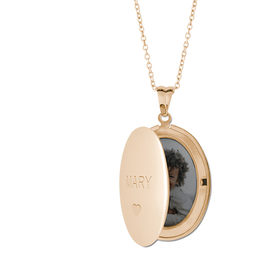 Whole Heart Locket Necklace, Gold, Oval, Engraved Front, Gray