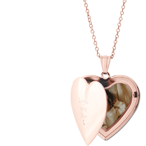 To The Moon Locket Necklace, Rose Gold, Heart, Engraved Front, Gray