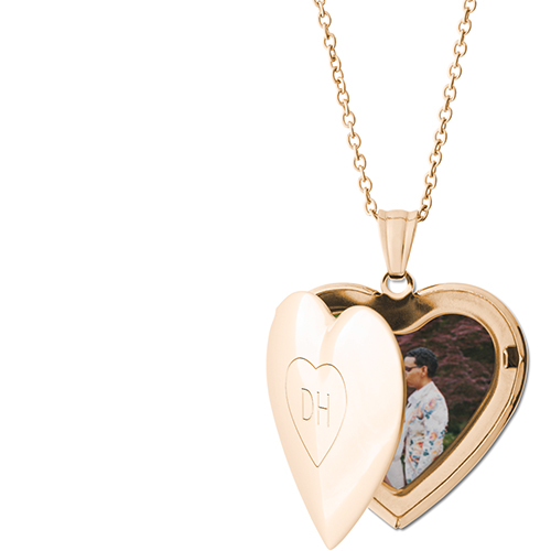 Outline Border Locket Necklace, Gold, Heart, Engraved Front, Gray