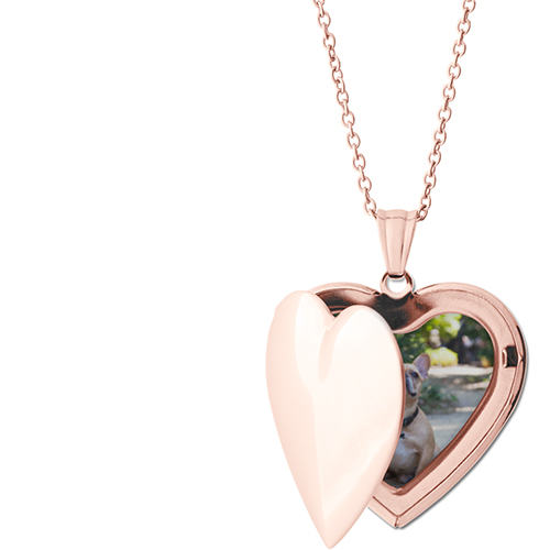 Photo Gallery Locket Necklace, Rose Gold, Heart, Engraved Front, Gray