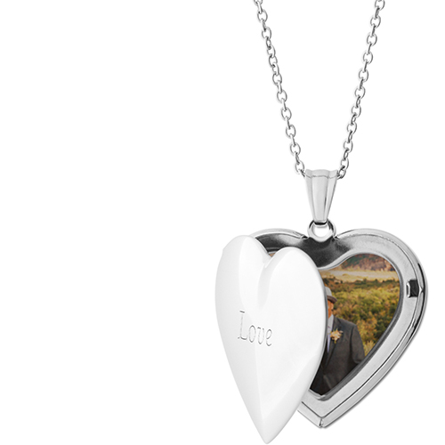 Simple Love Locket Necklace, Silver, Heart, Engraved Front, Gray