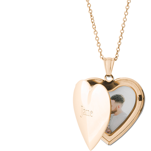 Statement Name Locket Necklace, Gold, Heart, Engraved Front, Gray