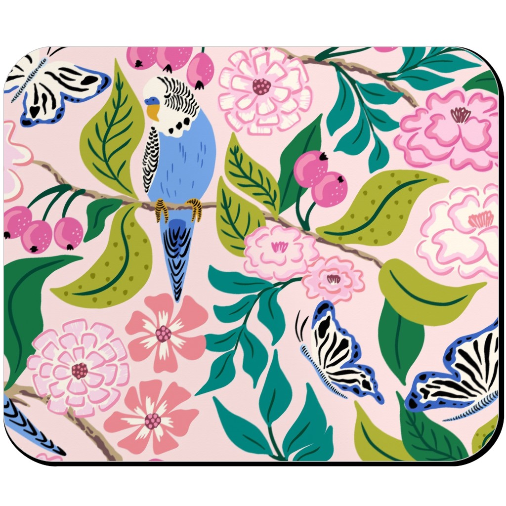 Budgies and Butterflies - Pink and Green Mouse Pad, Rectangle Ornament, Pink