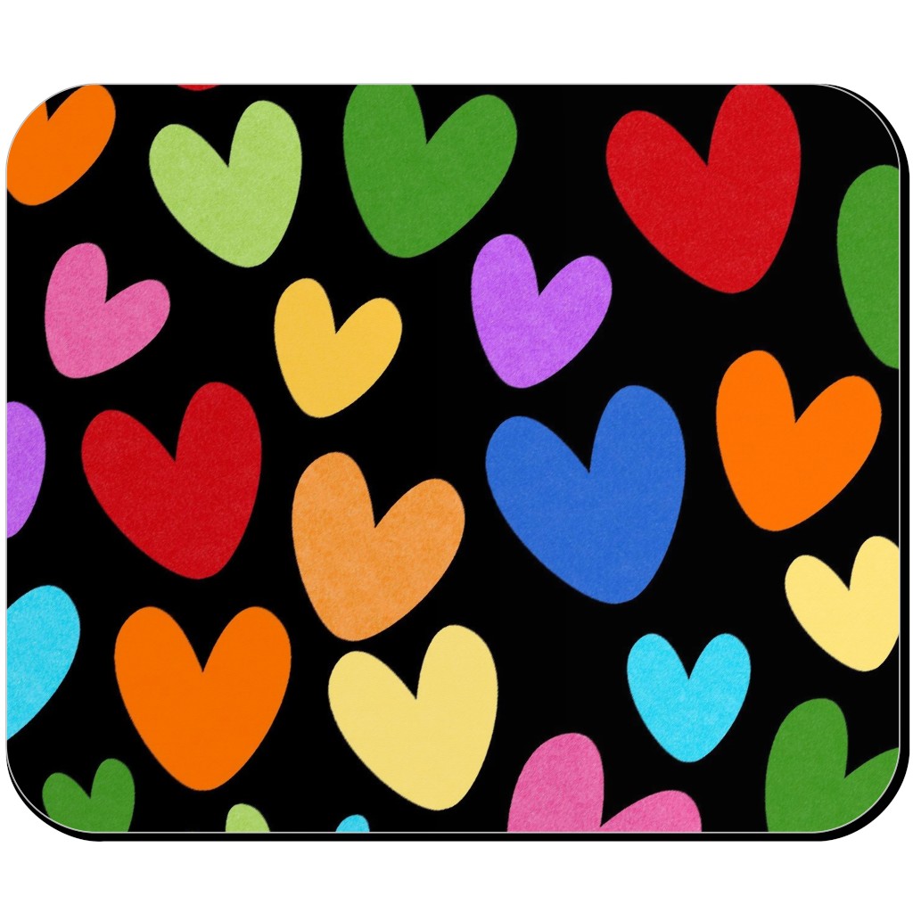Rainbow Hearts - Black Mouse Pad, Rectangle Ornament, Multicolor
