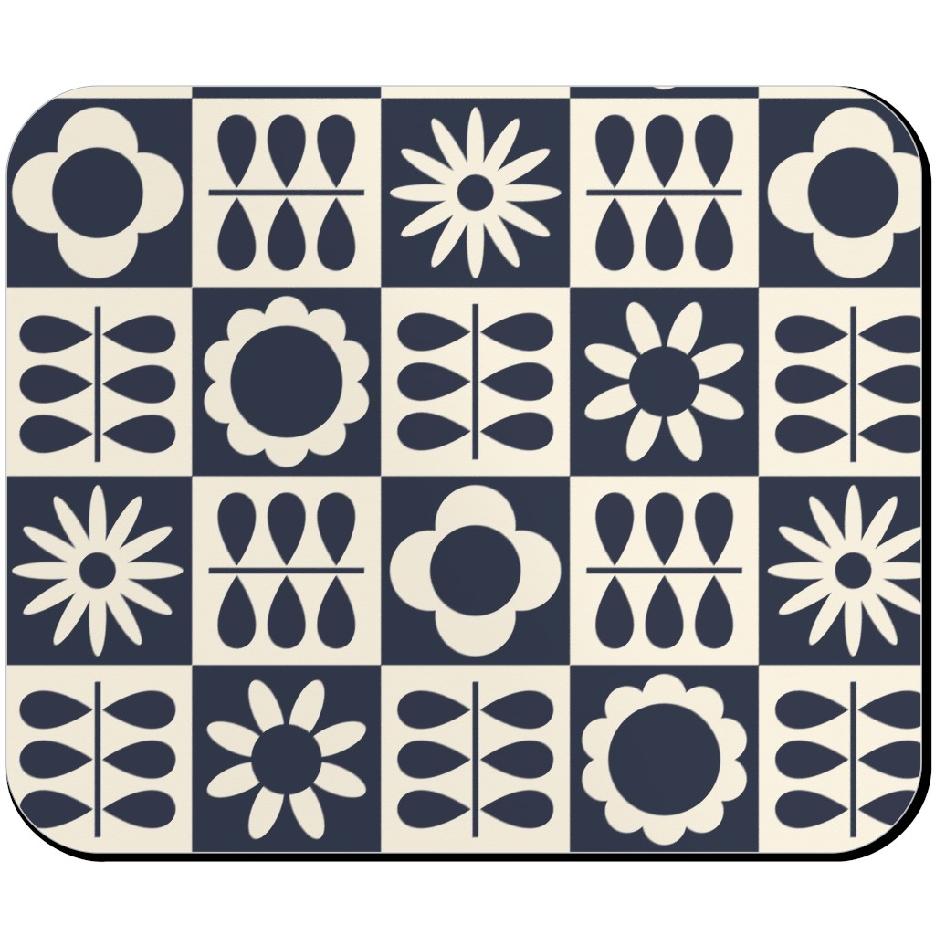Scandinavian Checker Blooms - Off White and Navy Mouse Pad, Rectangle Ornament, Black