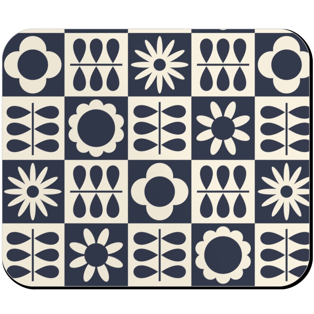 Scandinavian Checker Blooms - Off White and Navy Mouse Pad, Rectangle, Black
