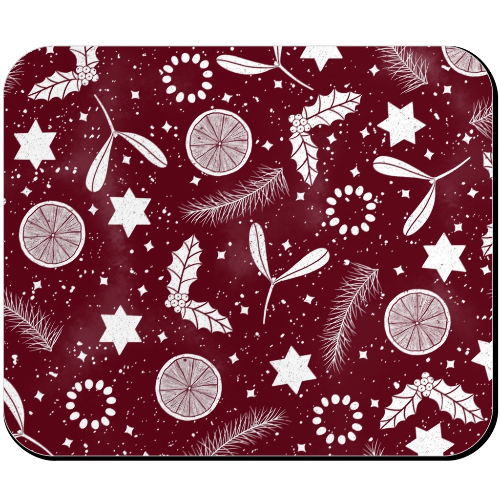 Festive Christmas Print Stars, Mistletoe, Orange, Holly and Pine Branch on Burgundy Mouse Pad, Rectangle, Red, Red