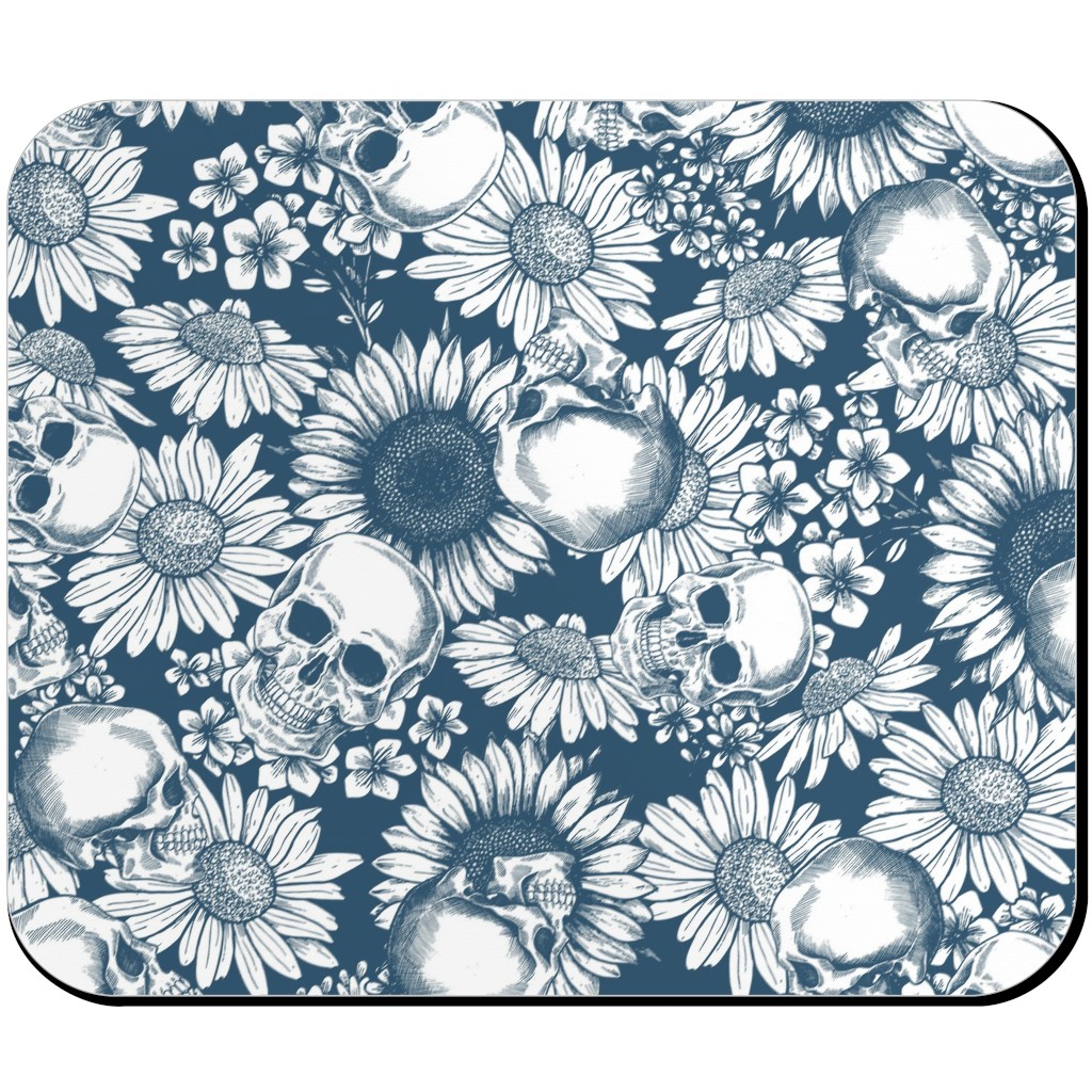 Floral Skull - Blue Mouse Pad, Rectangle, Blue, True Blue
