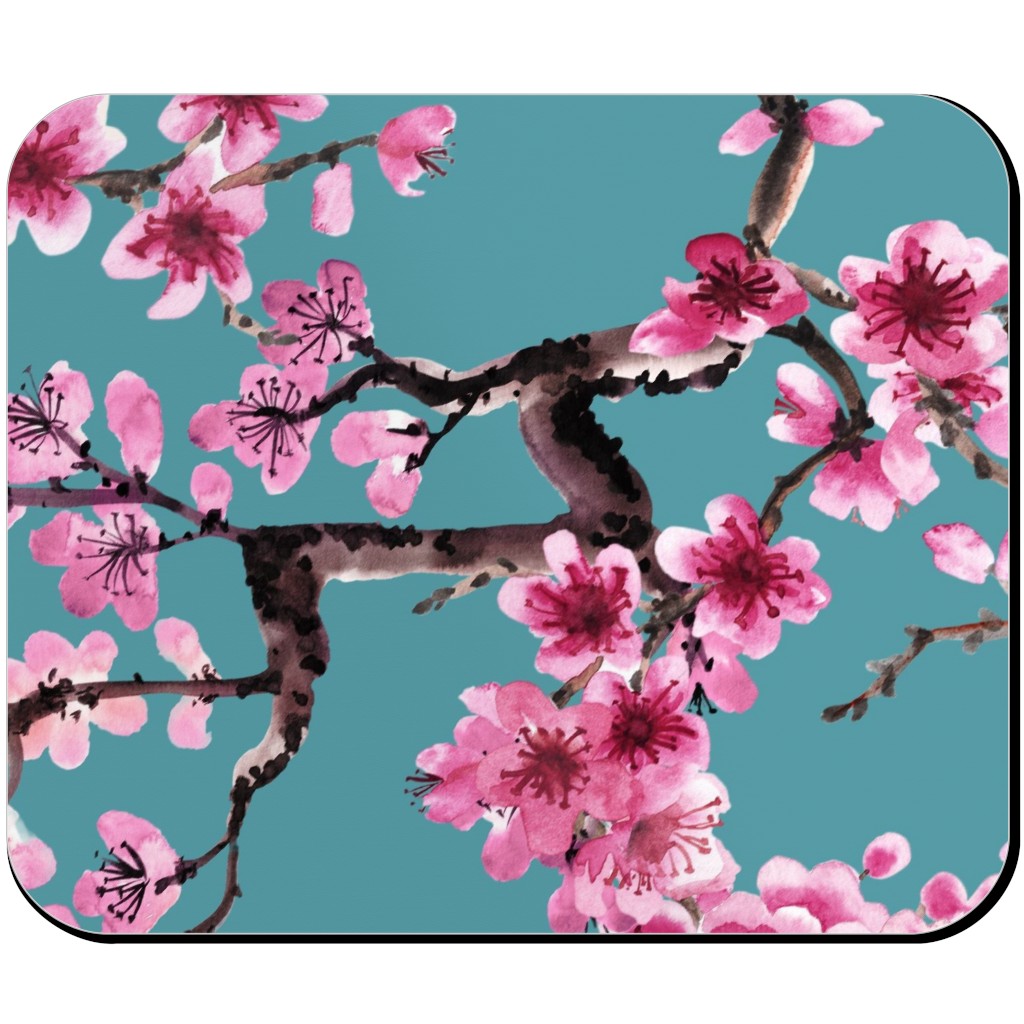 Sakura - Pink on Turquoise Mouse Pad, Rectangle, Blue, True Blue