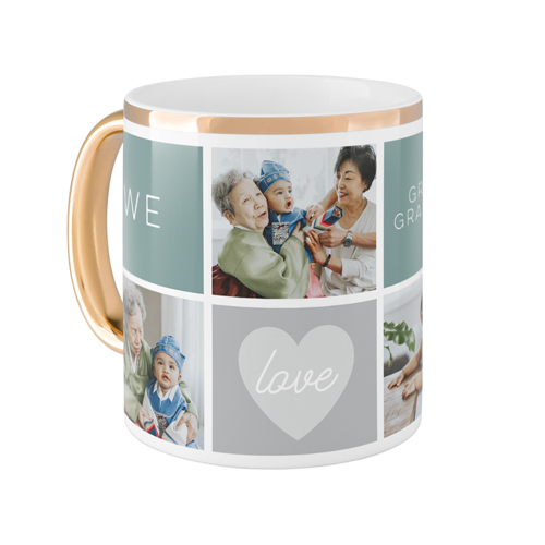 We Love Heart Grid Mug, Gold Handle, , 11oz, Blue, cedar