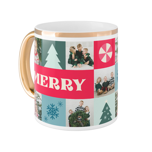 Merry Grid Mug, Gold Handle,  , 11oz, Red