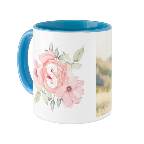 Floral Initial Mug, Light Blue,  , 11oz, Pink