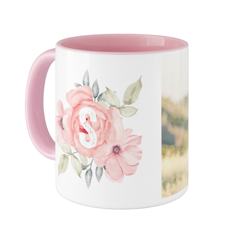 Floral Initial Mug, Pink,  , 11oz, Pink