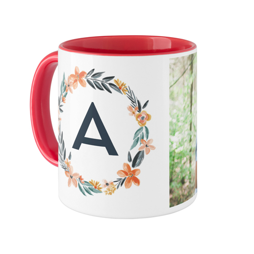 Bright Floral Wreath Monogram Mug, Red,  , 11oz, White