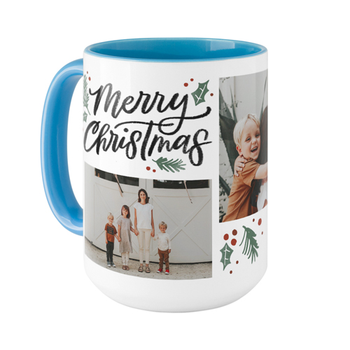 Merry Christmas Evergreen Mug, Light Blue,  , 15oz, White