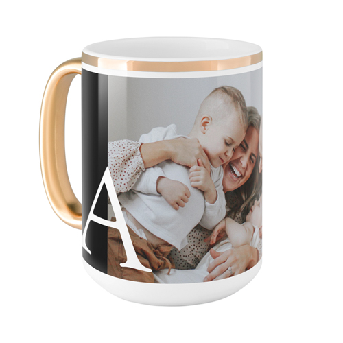 Monogram Overlay Mug, Gold Handle, , 15oz, Black, black