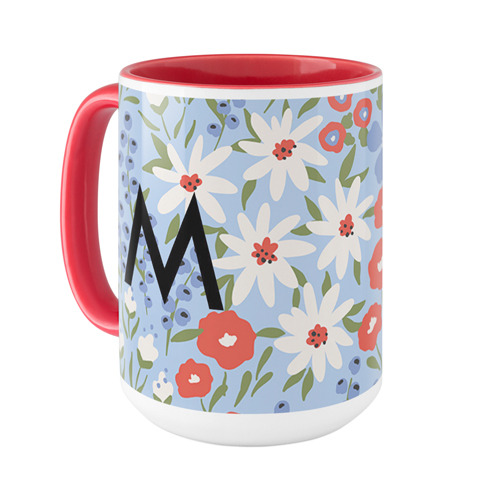 Blue Wildflowers Custom Text Mug, Red,  , 15oz, Multicolor