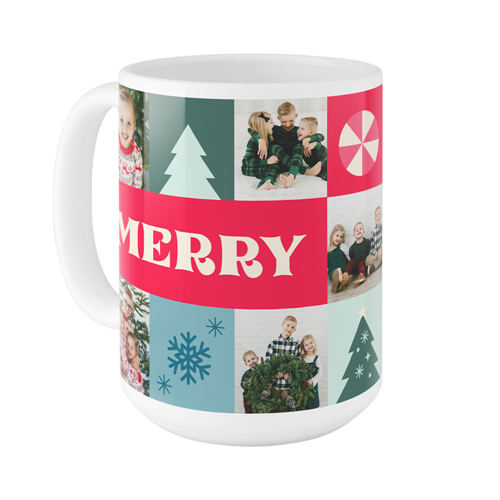 Merry Grid Mug, White, , 15oz, Red, bright red