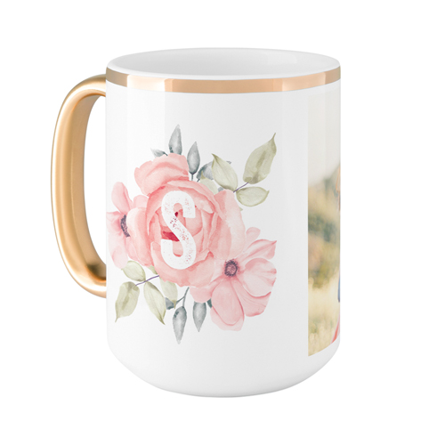Floral Initial Mug, Gold Handle,  , 15oz, Pink