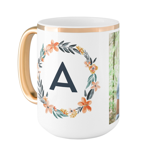 Bright Floral Wreath Monogram Mug, Gold Handle, , 15oz, White, white