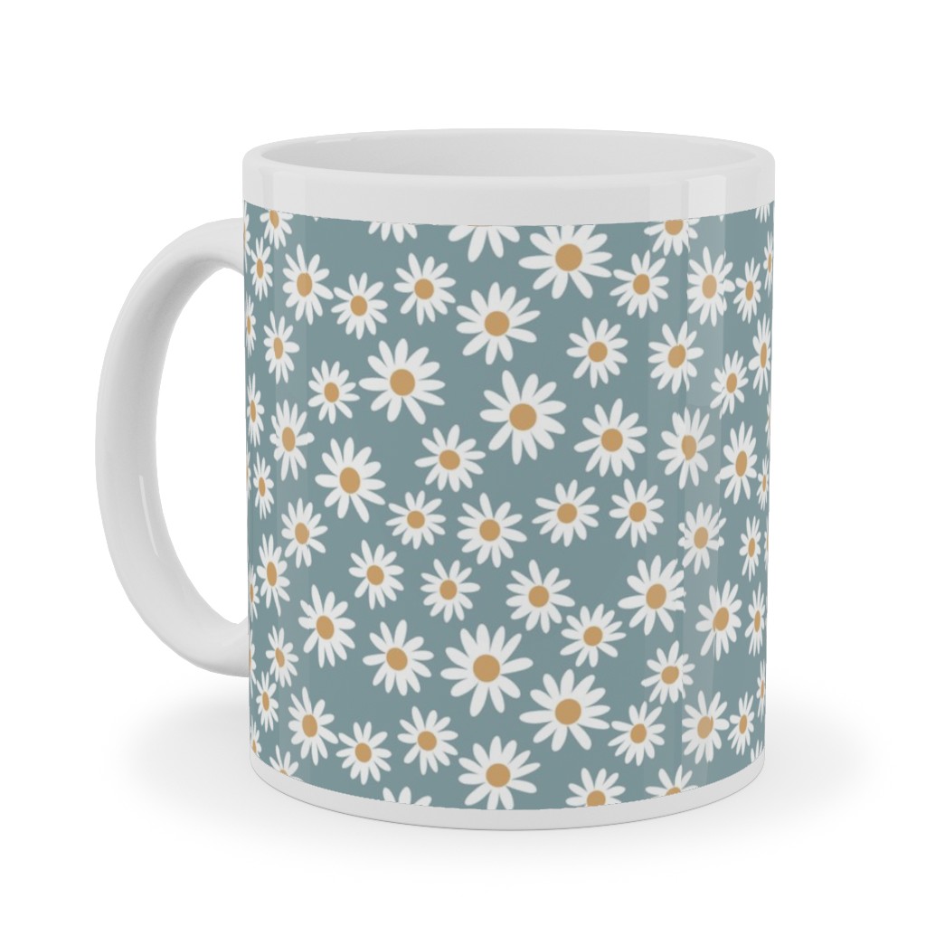 Daisy Print Ceramic Mug, White, , 11oz, Blue, Cool Gray