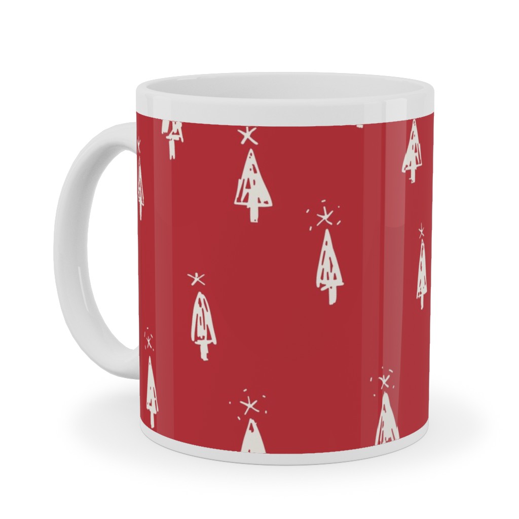 Christmas Trees on Pine Needle Ceramic Mug, White, , 11oz, Red, Firecracker