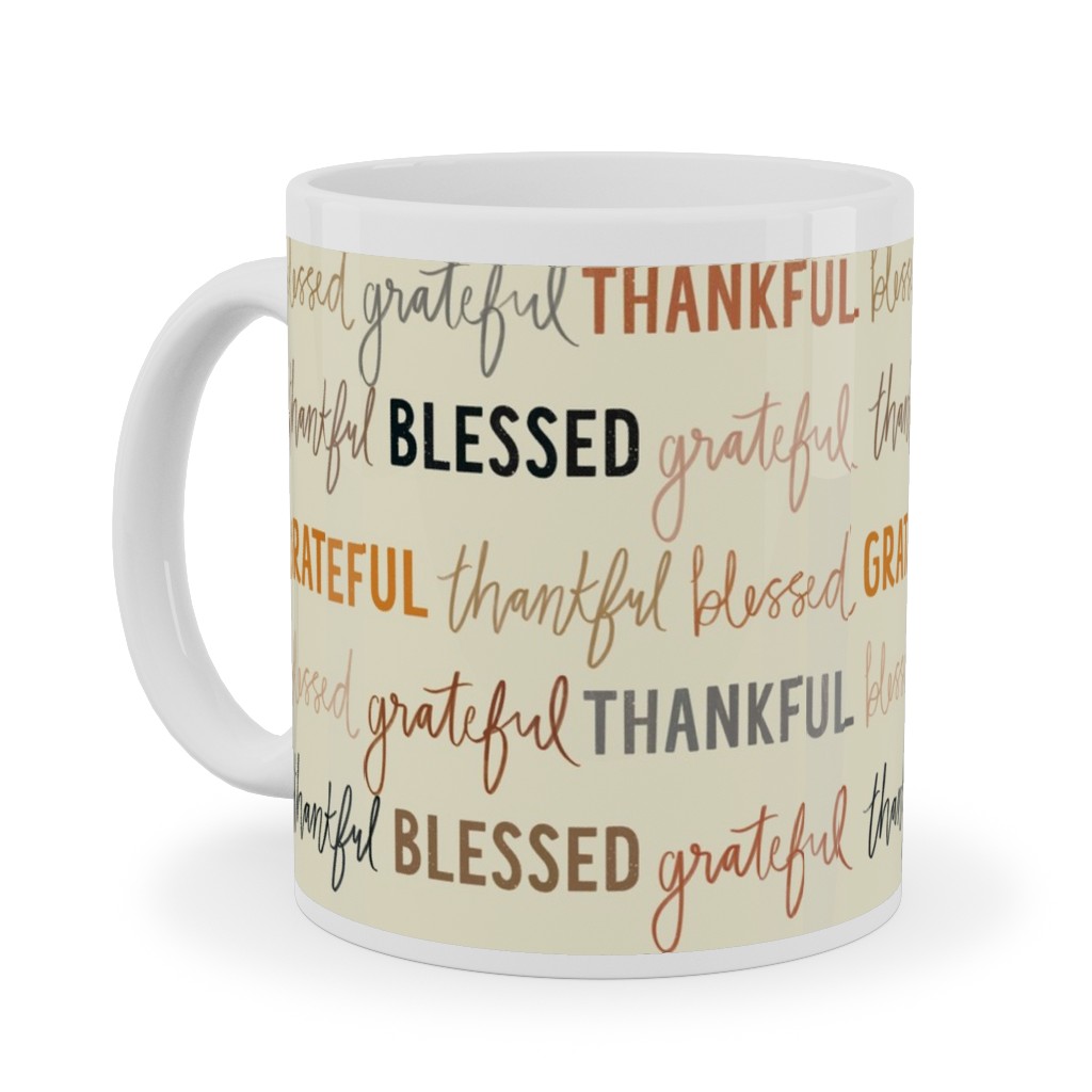 Grateful Thankful Blessed - Terracotta Ceramic Mug, White,  , 11oz, Beige
