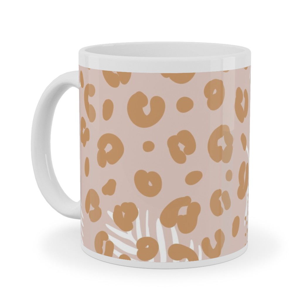 Palm Leaves and Animal Panther Spots - Beige Ceramic Mug, White,  , 11oz, Pink
