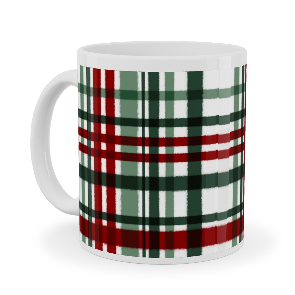 Intricate Plaid Ceramic Mug, White,  , 11oz, Green
