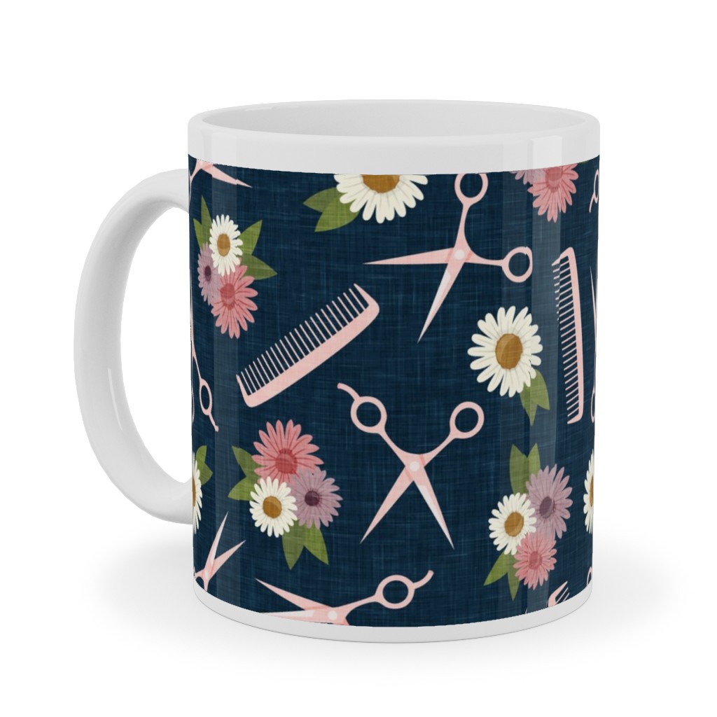 Floral Shears and Combs - Pink & Blue Ceramic Mug, White, , 11oz, Pink, Bright Pink