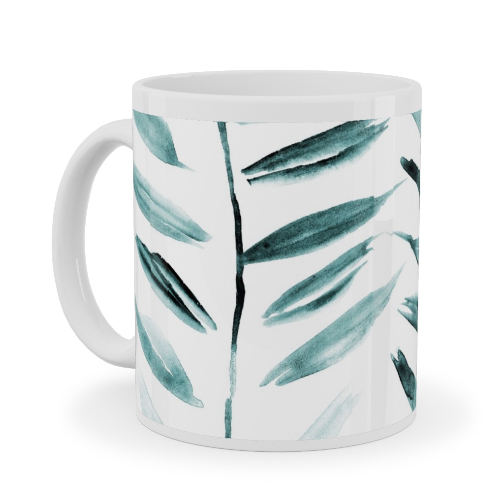 Leaves Herringbone - Watercolor Nature - Emerald Ceramic Mug, White, , 11oz, Green, Classic Green