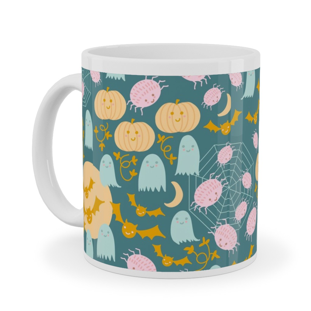 Cute Pastel Halloween Scene in Candy Colors - Pumpkin Ghost Spider Web Bat - Multi Ceramic Mug, White,  , 11oz, Multicolor