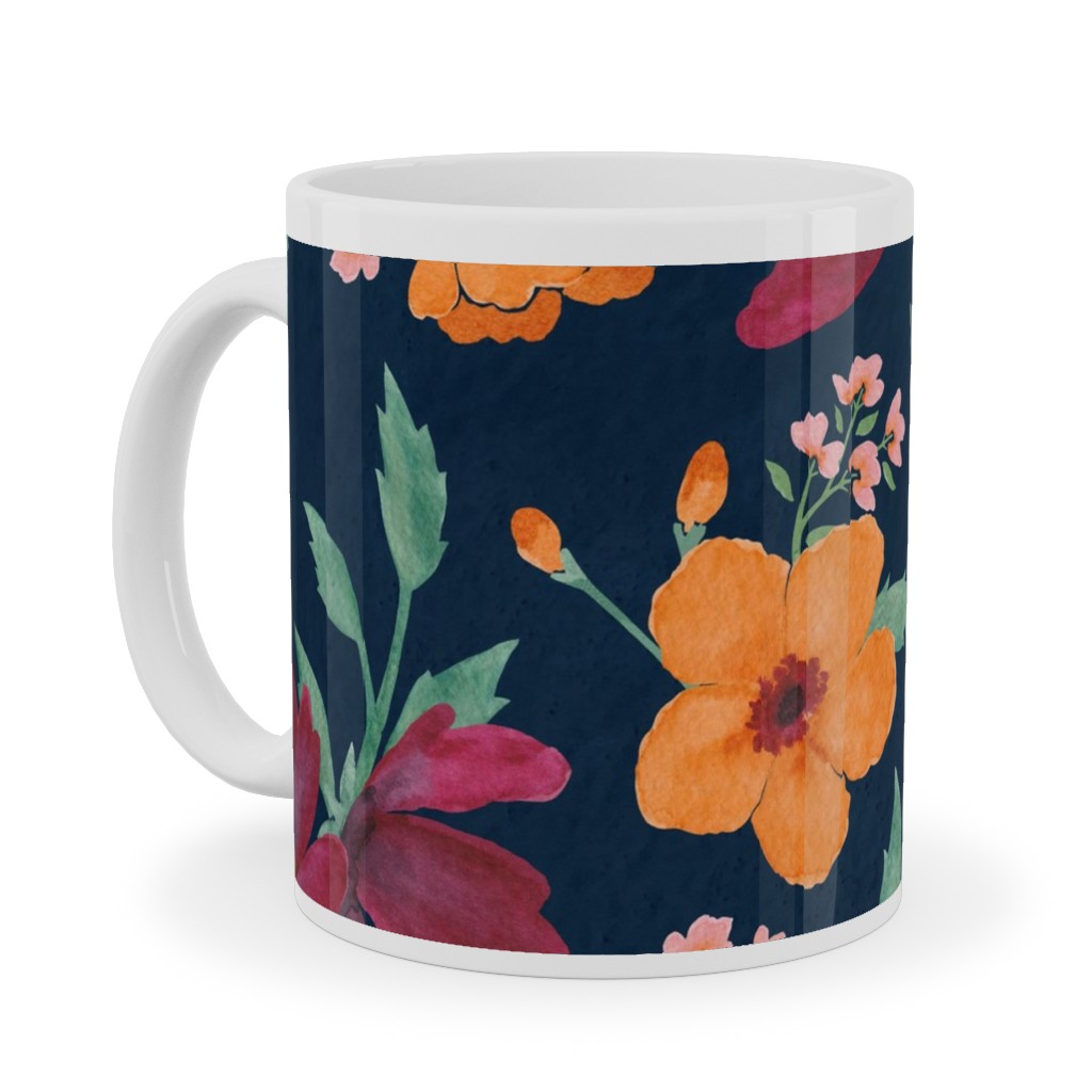 Watercolor Autumn Florals - Navy Ceramic Mug, White, , 11oz, Multicolor