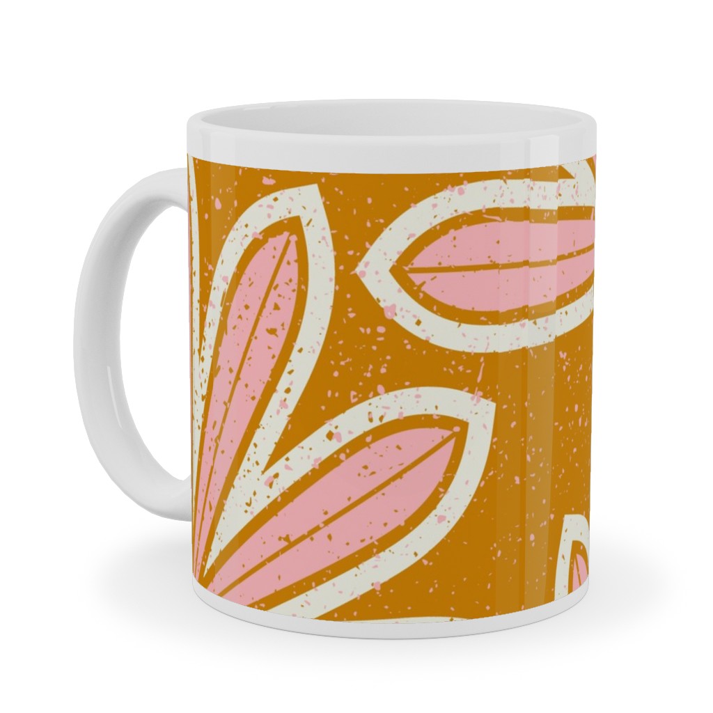 Mid Century Palm Leaf Ceramic Mug, White,  , 11oz, Pink