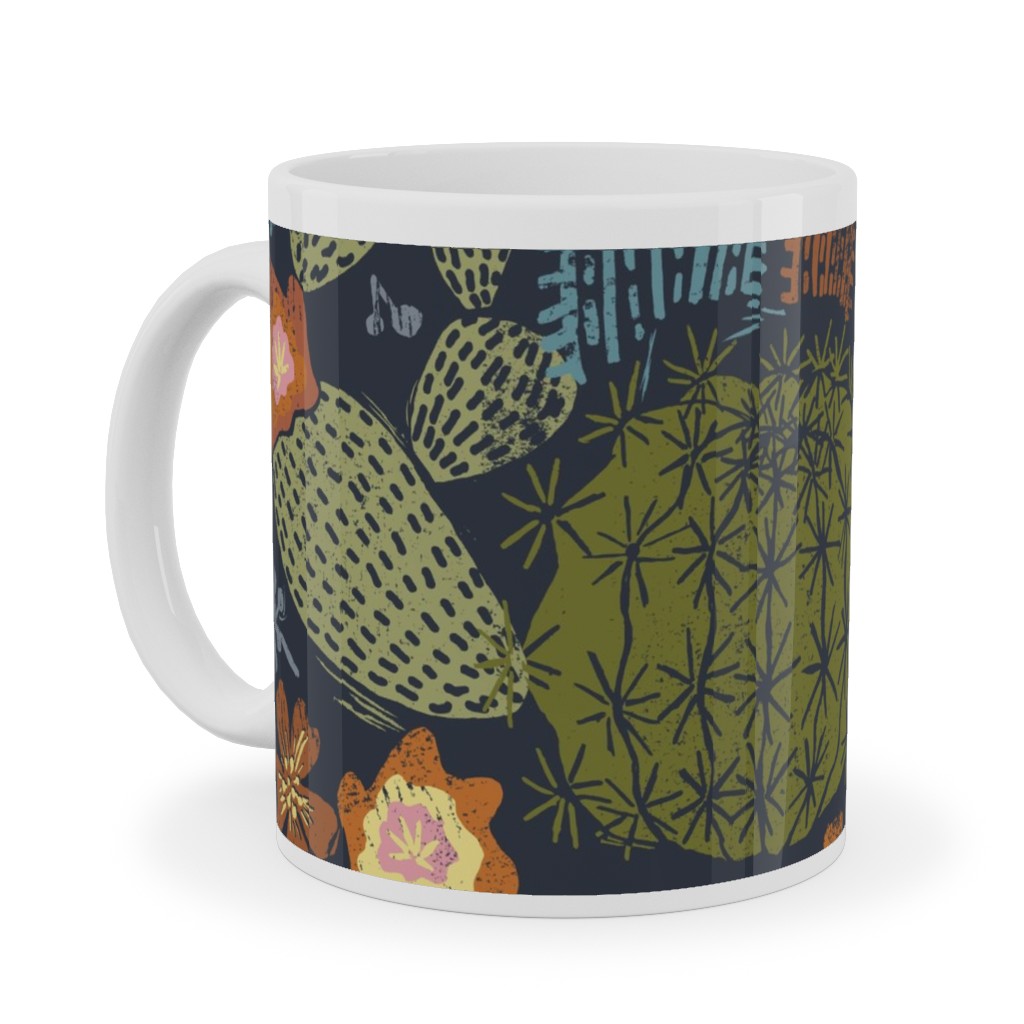 Cactus Garden - Block Print Style - Dark Ceramic Mug, White, , 11oz, Green, Classic Green