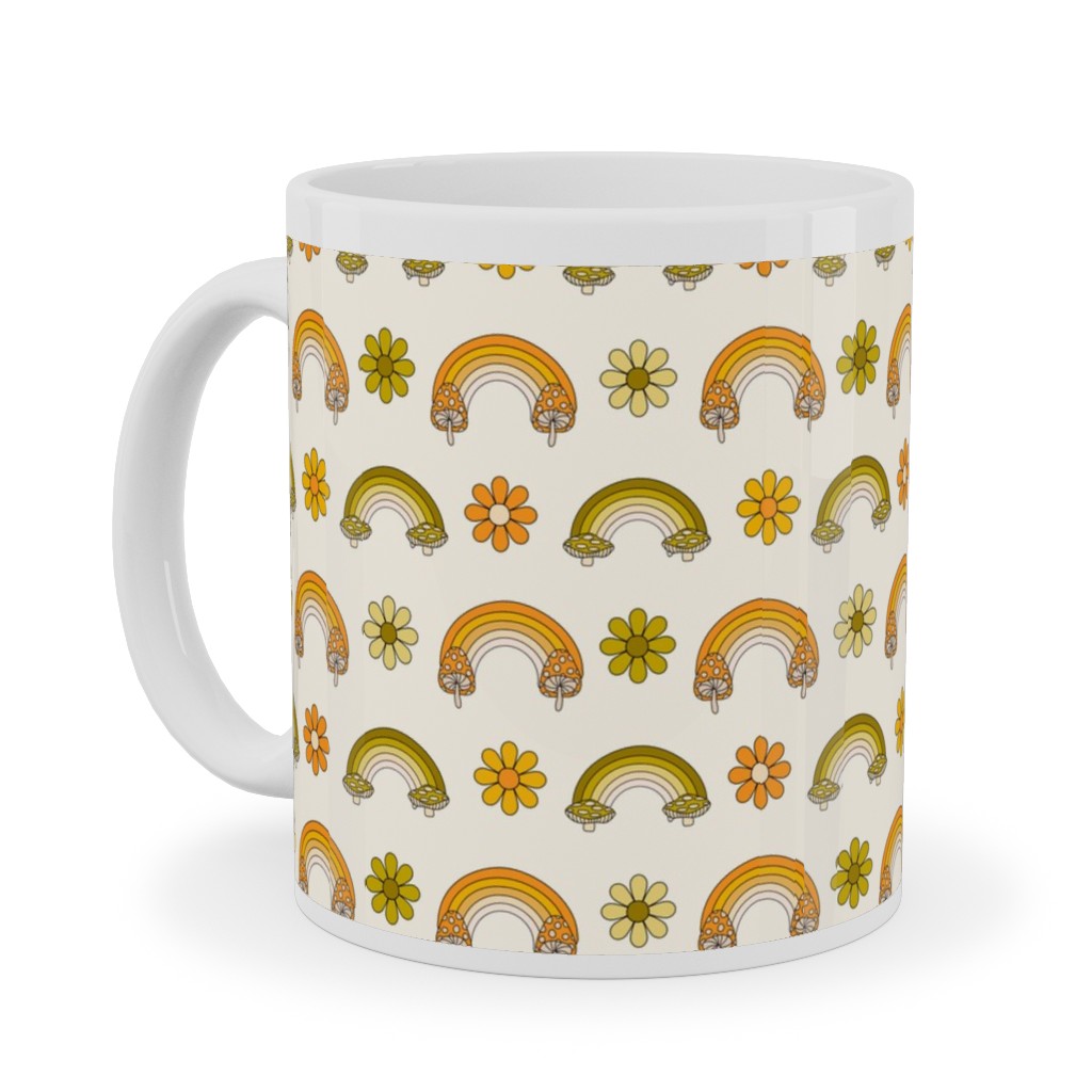 70s Mushroom Rainbow - Retro - Earthy Ceramic Mug, White, , 11oz, Green, Classic Green
