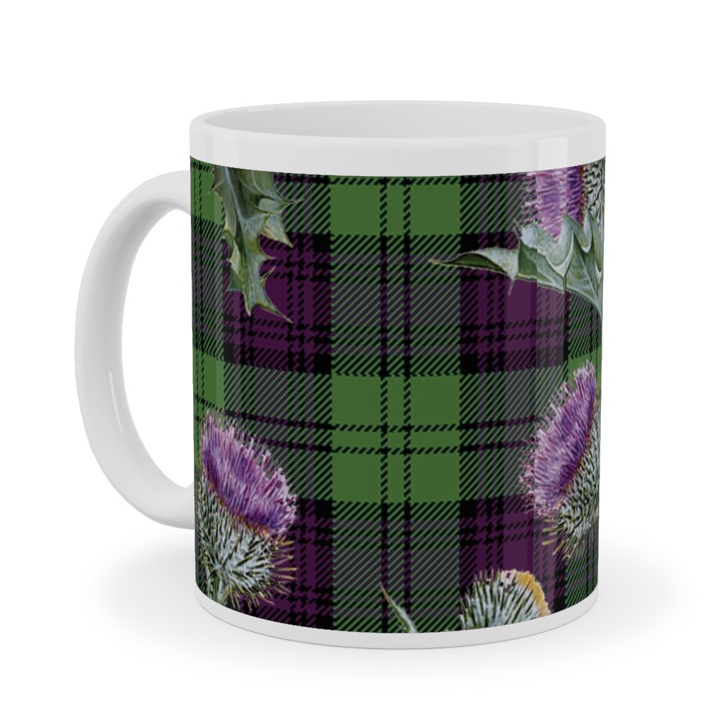 Feochadan Tartan - Green and Purple Ceramic Mug, White, , 11oz, Green, Classic Green