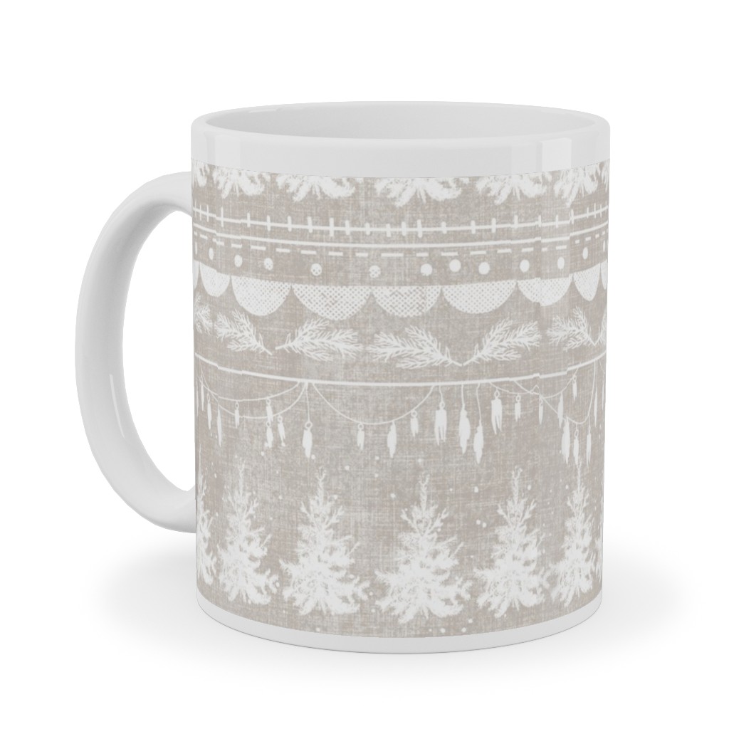 Vintage Christmas Stripe Ceramic Mug, White,  , 11oz, Gray