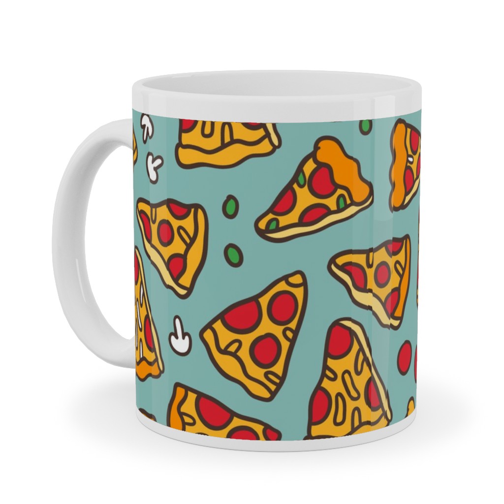 Pizza Pattern Ceramic Mug, White,  , 11oz, Blue