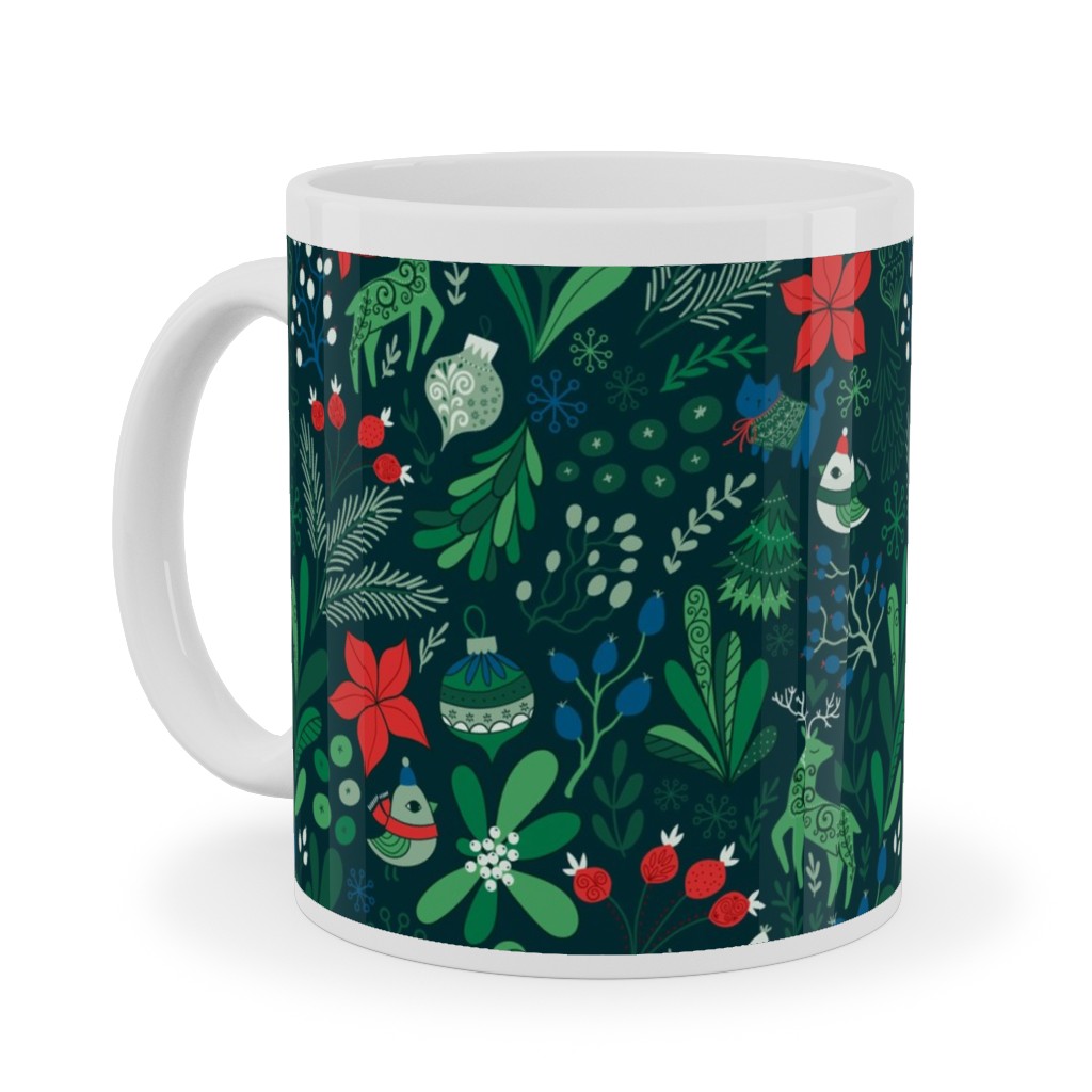 Merry Christmas Floral - Dark Ceramic Mug, White,  , 11oz, Green
