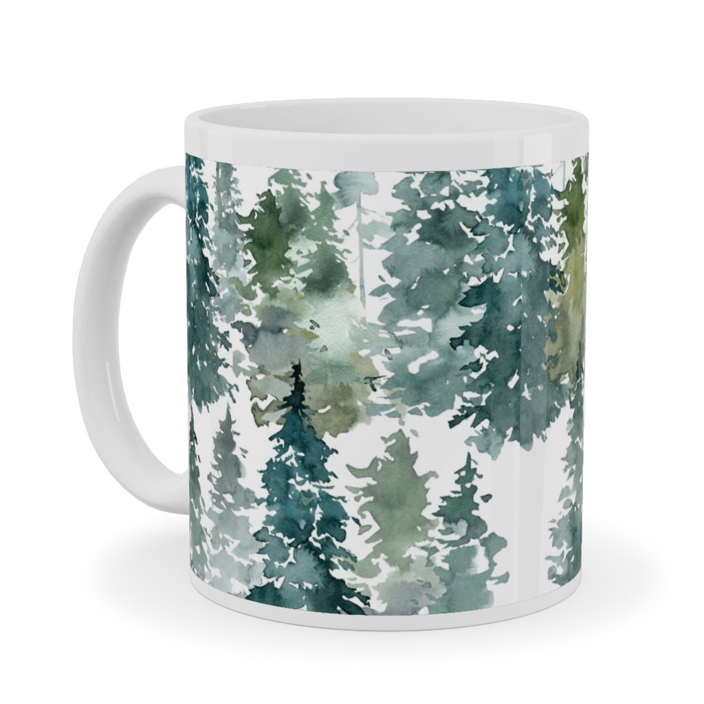 Woodland Trees Watercolor - White Ceramic Mug, White, , 11oz, Green, Classic Green