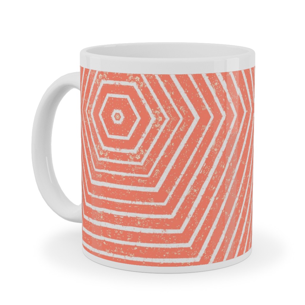 Concentric Hexagons Ceramic Mug, White, , 11oz, Orange, Dusk Pink