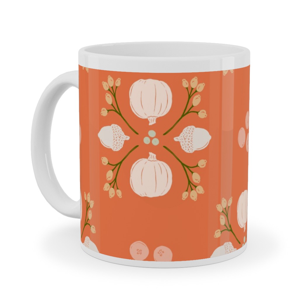 Bright Orange Acorn, Cranberry, & Pumpkin Fall Foliage Damask Ceramic Mug, White, , 11oz, Orange, Orange
