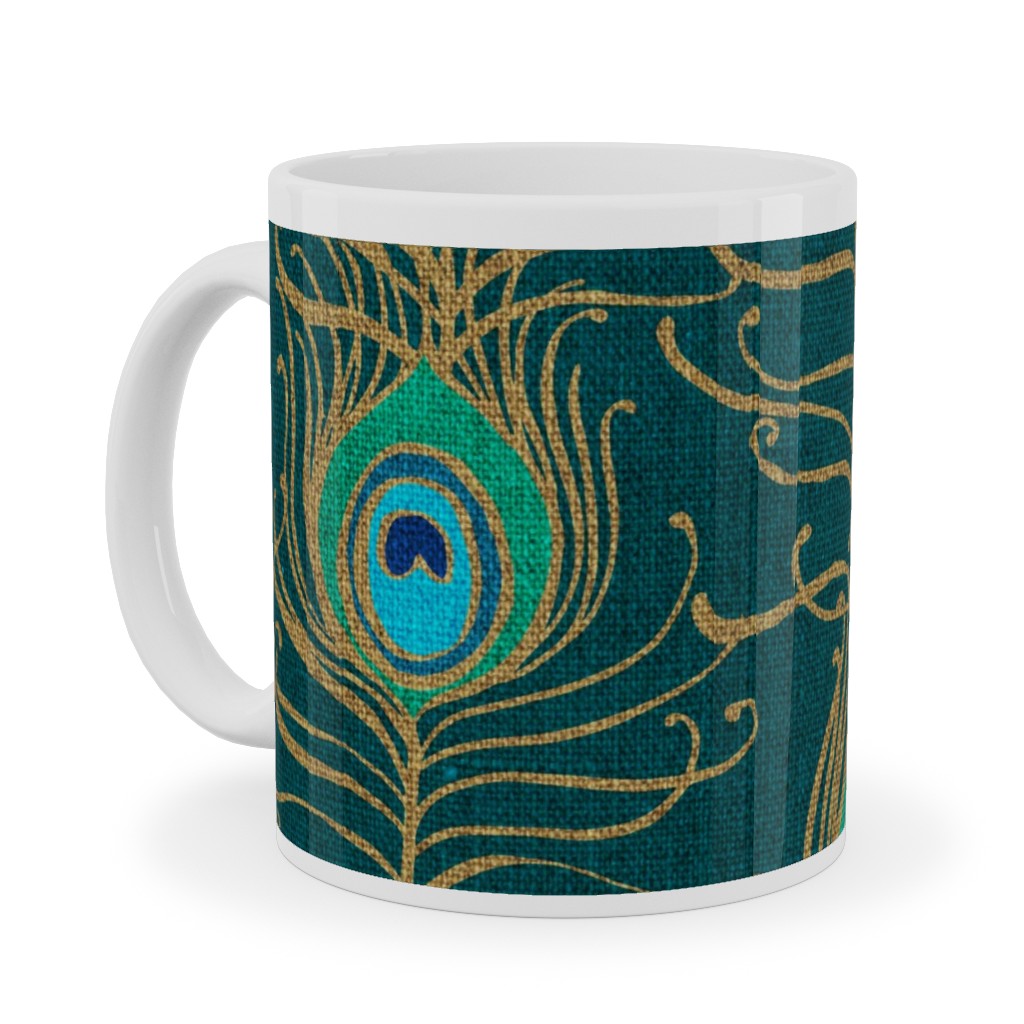 Peacock Feather Nouveau - Emerald Ceramic Mug, White, , 11oz, Green, Classic Green