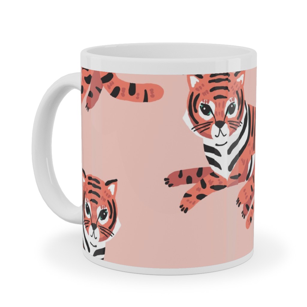 Jungle Tigers - Blush and Coral Ceramic Mug, White, , 11oz, Pink, Bright Pink