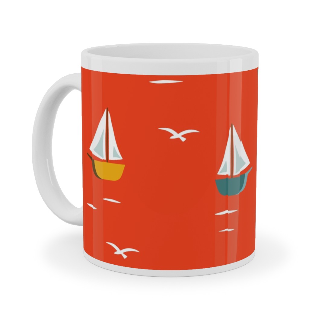 Sailboats Ceramic Mug, White, , 11oz, Red, New Year