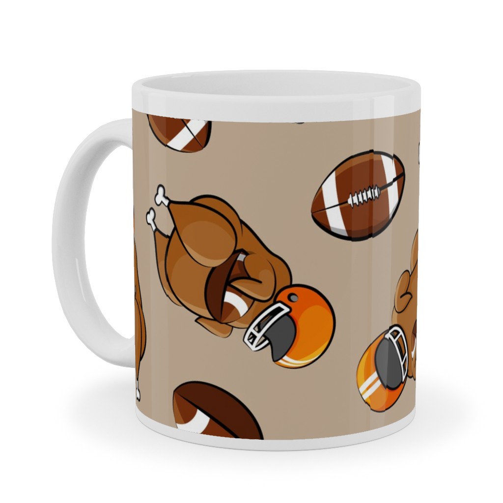 Football Turkey With Helmet and Football - Orange on Tan Ceramic Mug, White, , 11oz, Beige, Pearl